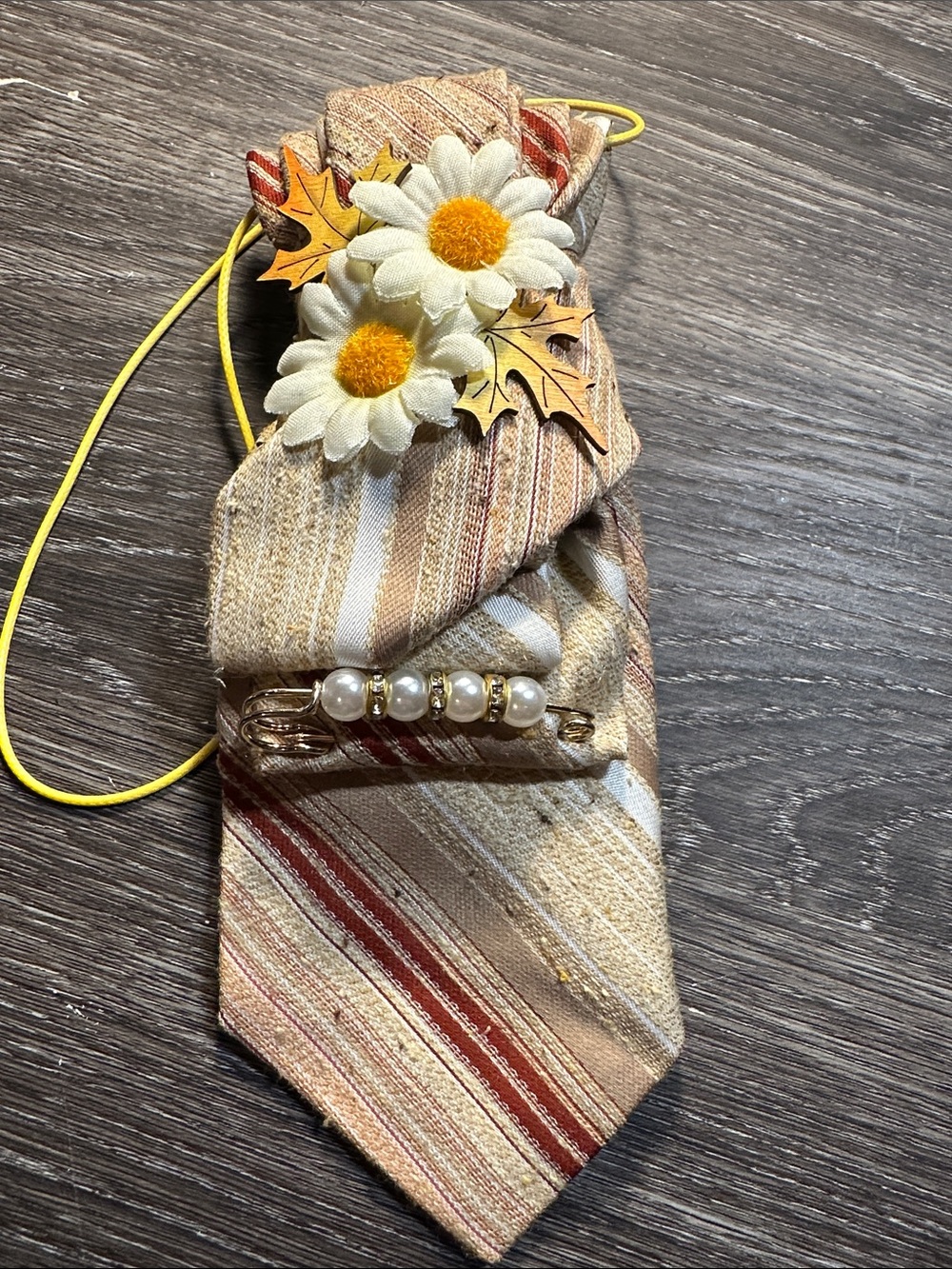 Beau Brummell Beige and Orange Striped Women's Necklace Tie with Floral Accent